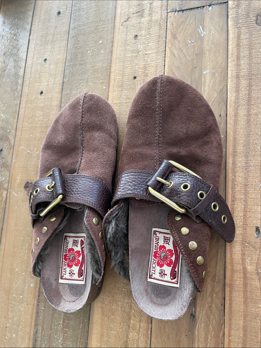 Vintage Lucky Brand Suede Shearling Clogs Mules Boho 6 6.5